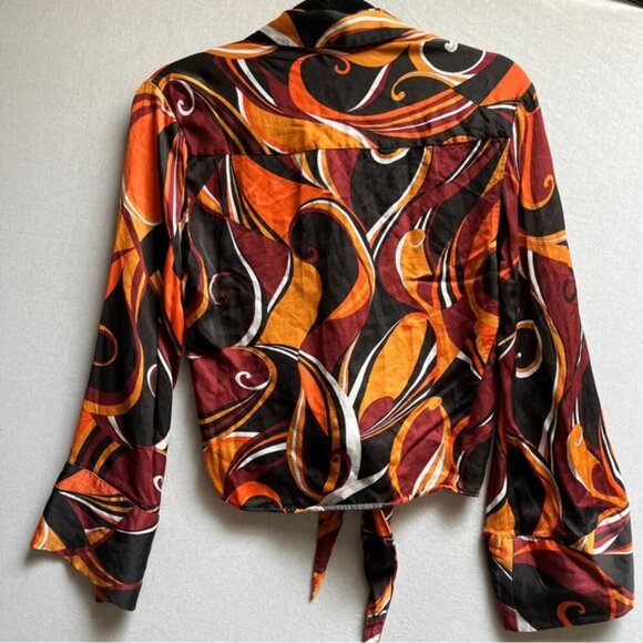 Zara Disco Multicolor Abstract Print Bell Sleeve knot Blouse Sz XS - Picture 5 of 9